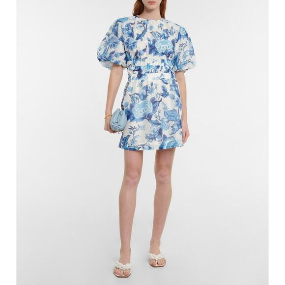 SIR. The Label White Blue Floral Silk Cotton Puff Mini Dress Size 1 US 4 AU 8
